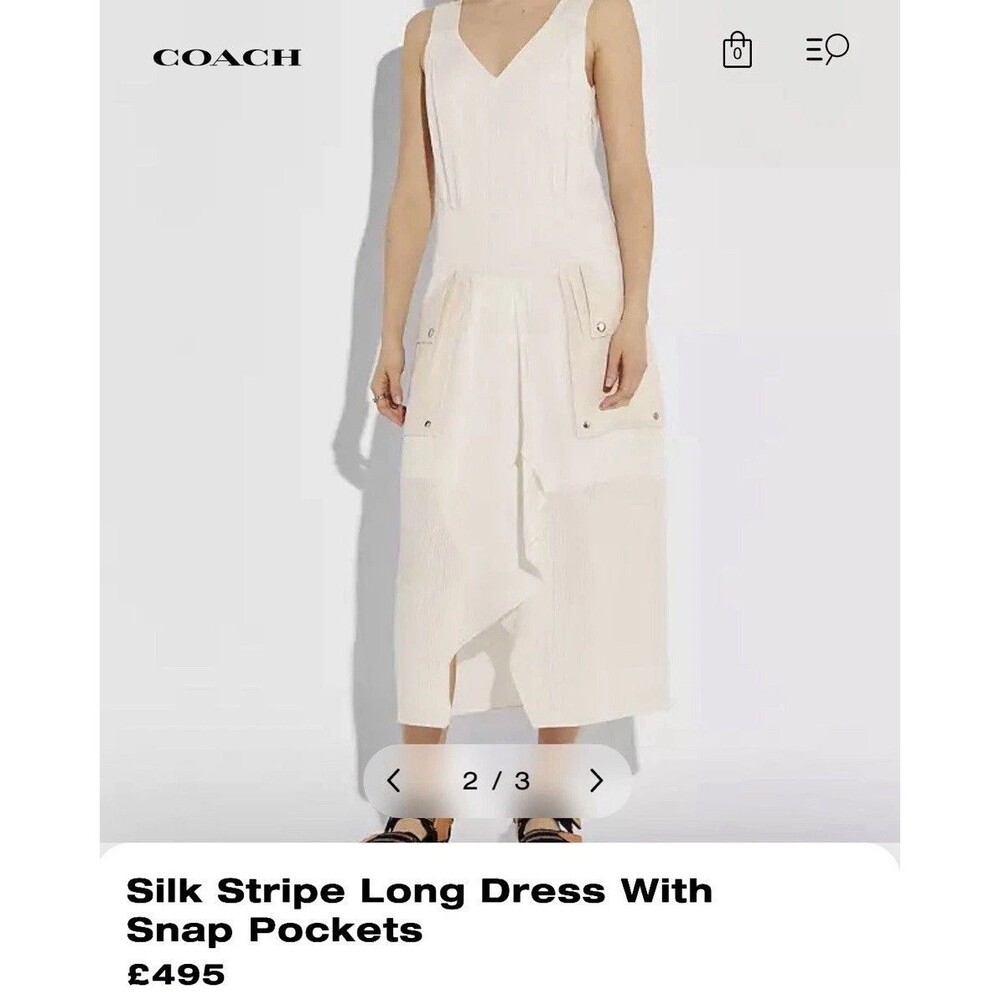 COACH Designer GB Silk Stripe Long Dress With Snap Pockets Cream, sz  2